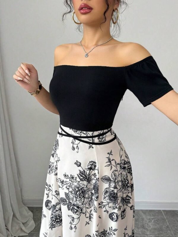 Vestido largo de hombros descubiertos y manga corta - Imagen 2