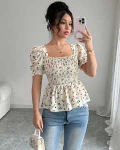 Blusa elegante con botones y ajuste delgado con estampado de flores