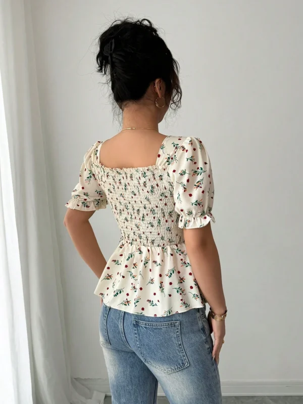 Blusa elegante con botones y ajuste delgado con estampado de flores - Imagen 2