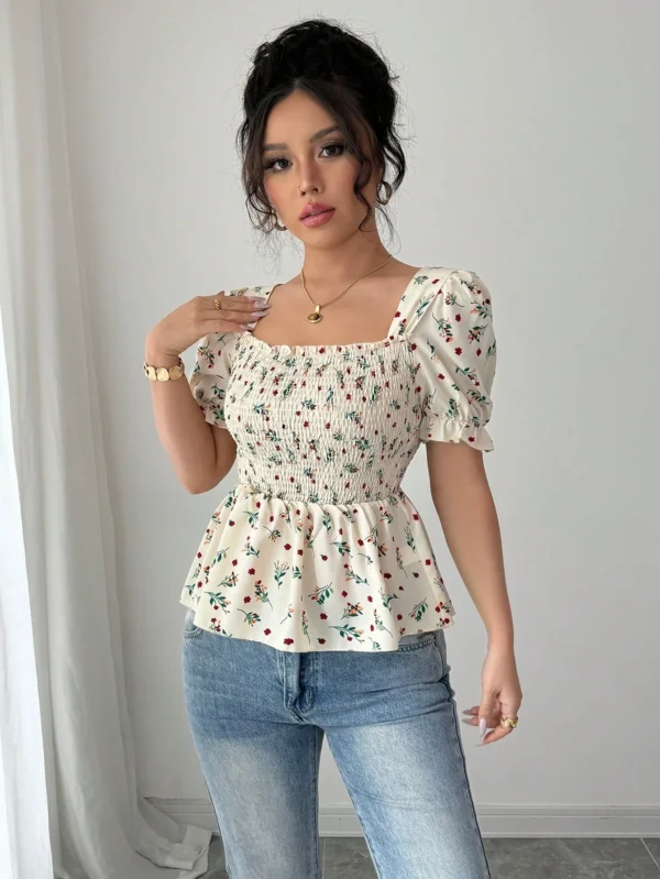 Blusa elegante con botones y ajuste delgado con estampado de flores - Imagen 3