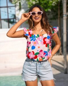 Blusa con cuello cuadrado tejida y estampada para mujer