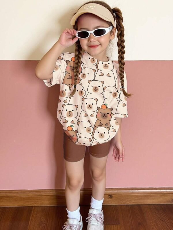 Set de 2 piezas: camiseta manga corta holgada y shorts con estampado para niñas