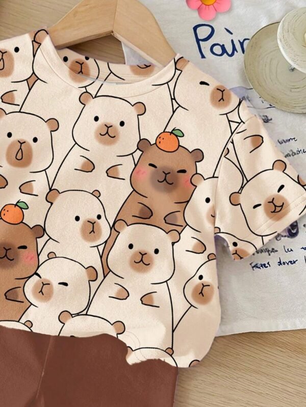 Set de 2 piezas: camiseta manga corta holgada y shorts con estampado para niñas - Imagen 3