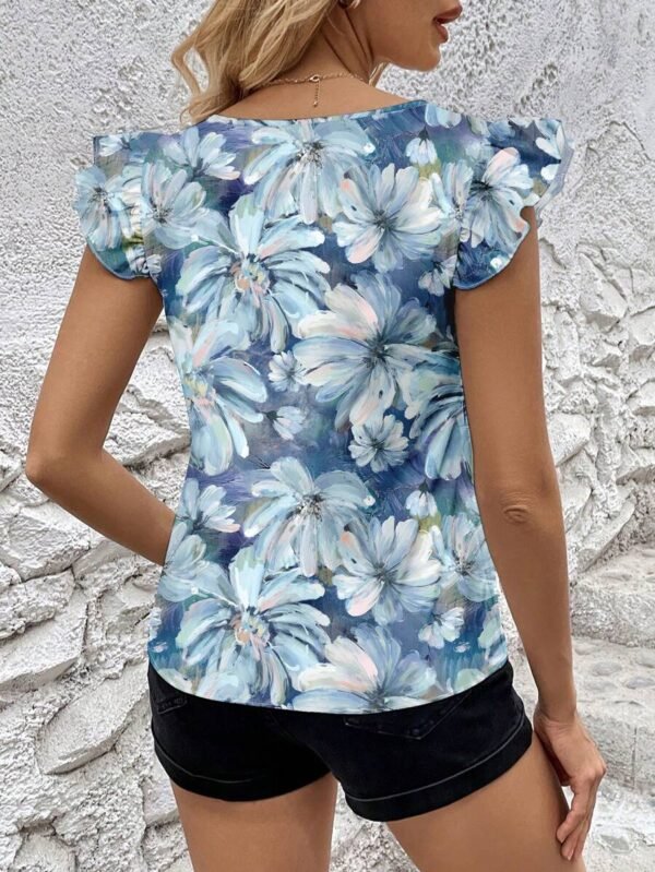 Blusa ajustada para mujeres con estampado de teñido anudado en azul - Imagen 3