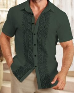 Camisa casual de manga corta unicolor con estampado para hombre