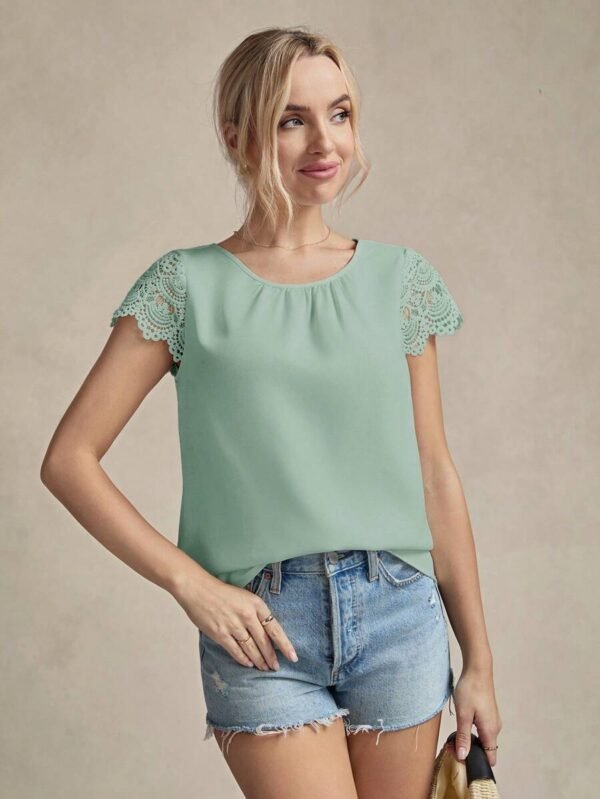Blusa De Encaje Y Parche De Color Sólido Para Mujer - Imagen 3