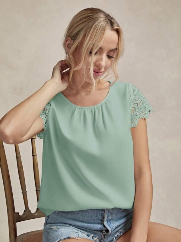 Blusa De Encaje Y Parche De Color Sólido Para Mujer