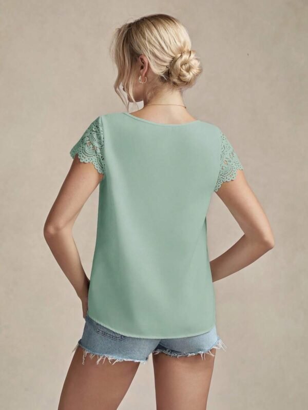 Blusa De Encaje Y Parche De Color Sólido Para Mujer - Imagen 2