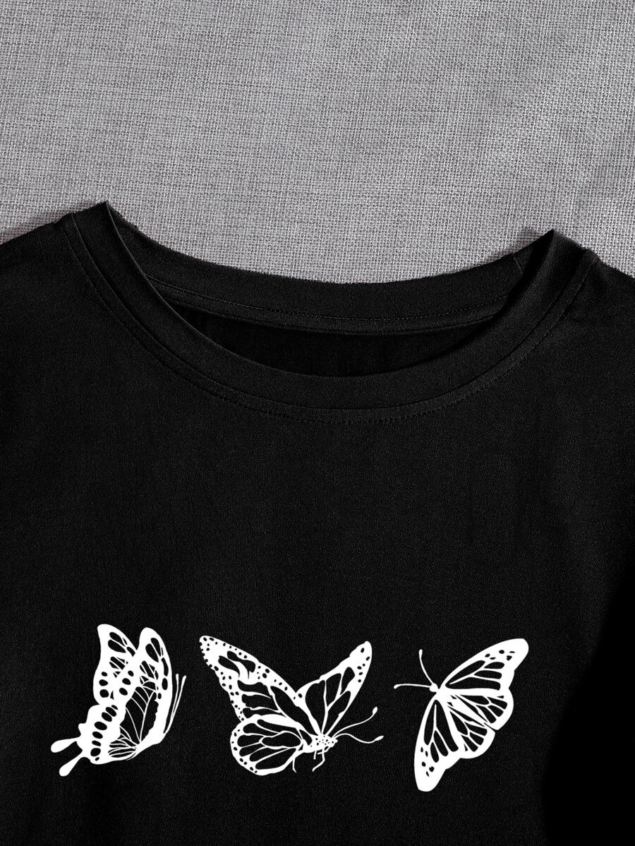 Camiseta con estampado de mariposa de cuello redondo - Imagen 2