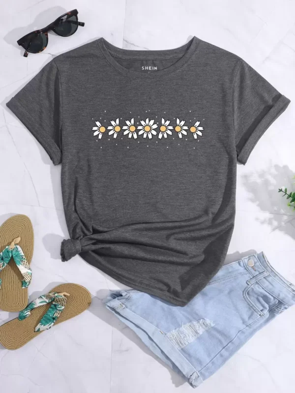 Camiseta con estampado floral, blusas gráficas para mujeres