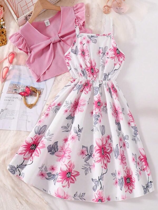 Conjunto de top con mangas de casquillo y vestido para niña preadolescente