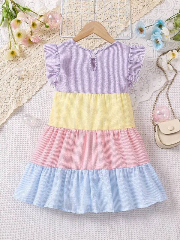 Vestido Con Volantes Y Lazo Decorativo A Rayas Para Niñas - Imagen 3