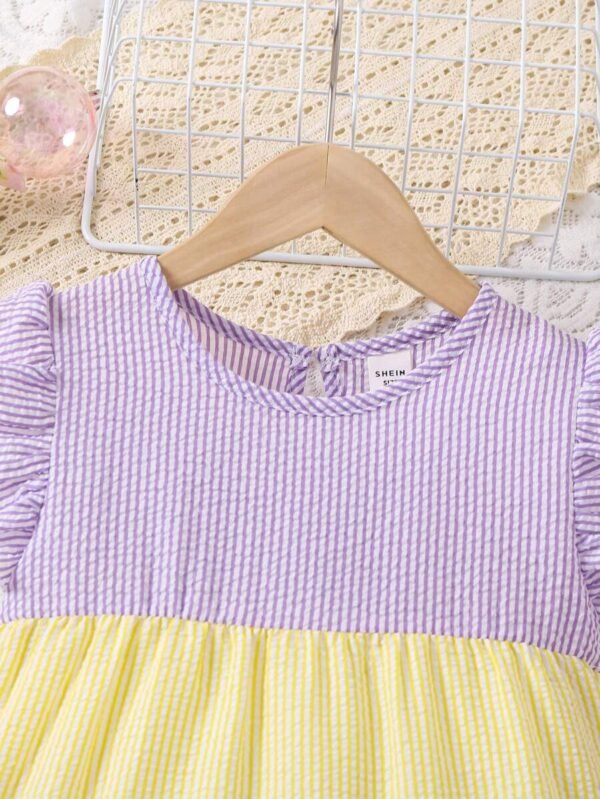 Vestido Con Volantes Y Lazo Decorativo A Rayas Para Niñas - Imagen 2