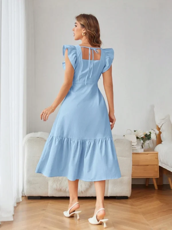 Vestido de hombros cuadrados de unicolor con volantes - Imagen 3