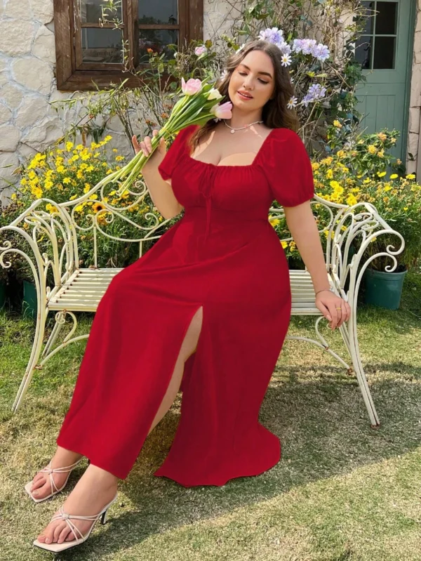 Vestido con mangas abullonadas, cintura entallada y abertura - Imagen 2