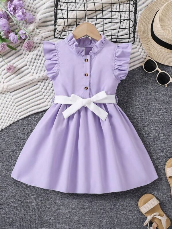 Vestido casual con volantes y acento de moño para niña pequeña - Imagen 3