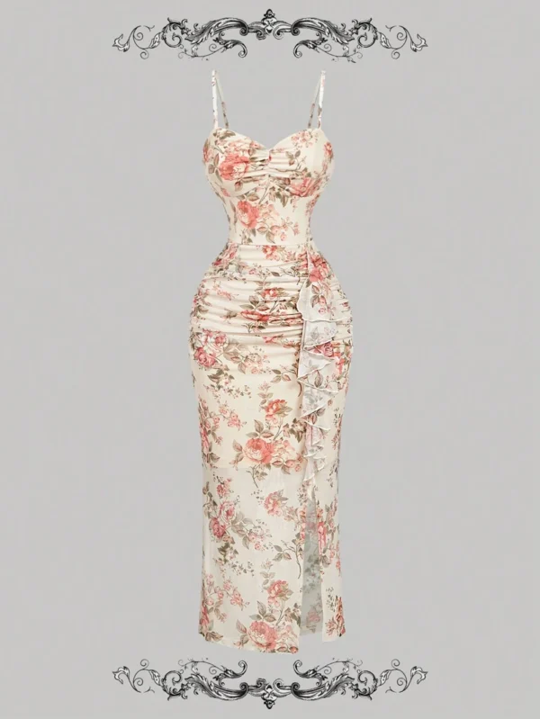 Vestido midi con estampado floral vintage y pliegues con abertura