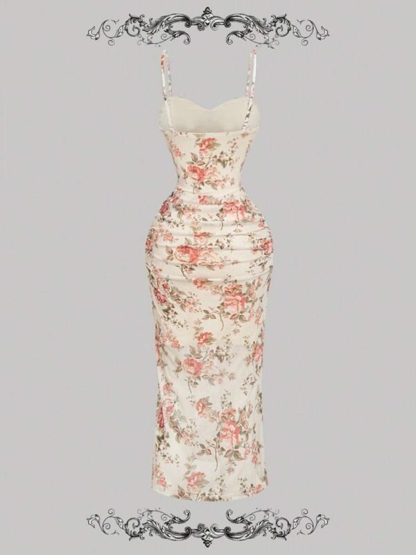 Vestido midi con estampado floral vintage y pliegues con abertura - Imagen 3