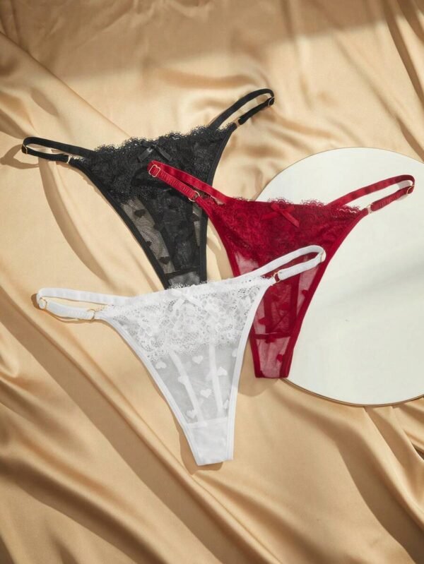 Set de 3 tangas de encaje de tiro bajo con estampado de corazón para mujeres