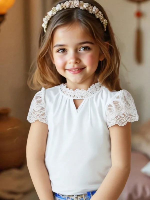 Camisa de manga corta elegante de encaje blanco para niña