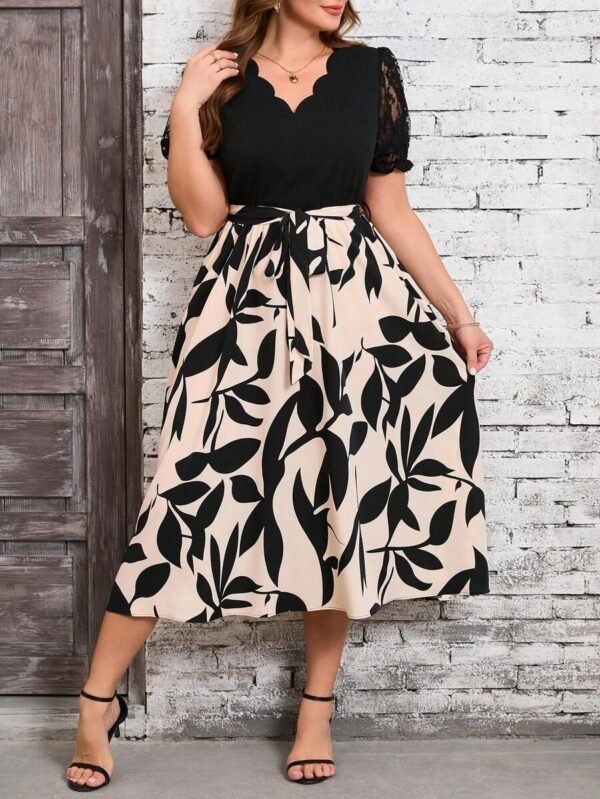 Vestido elegante con estampado de plantas y manga corta - Imagen 2