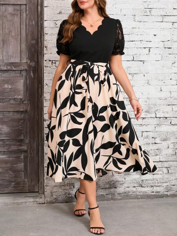 Vestido elegante con estampado de plantas y manga corta