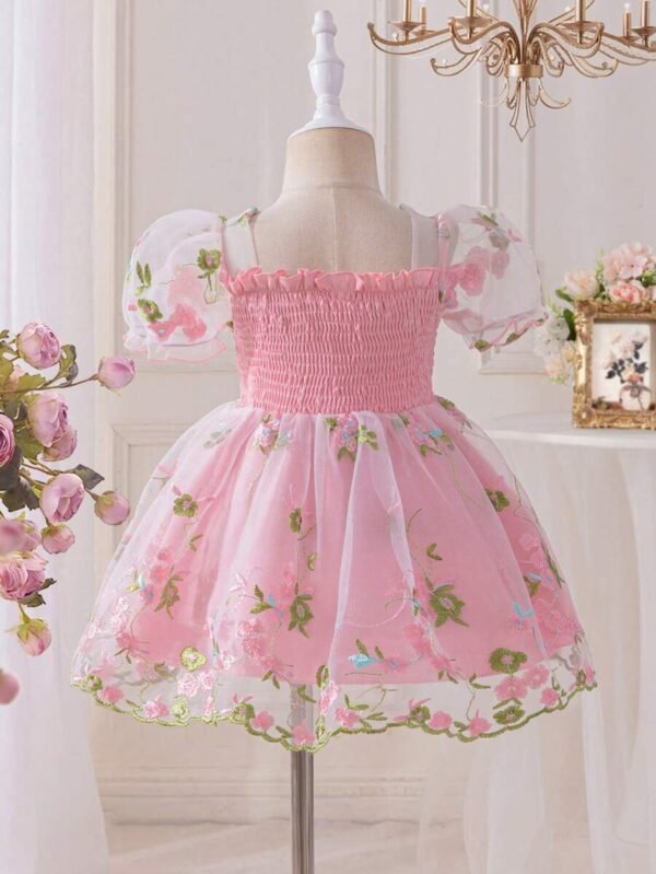 Vestido rosa de manga abullonada y malla para niña bebé - Imagen 3