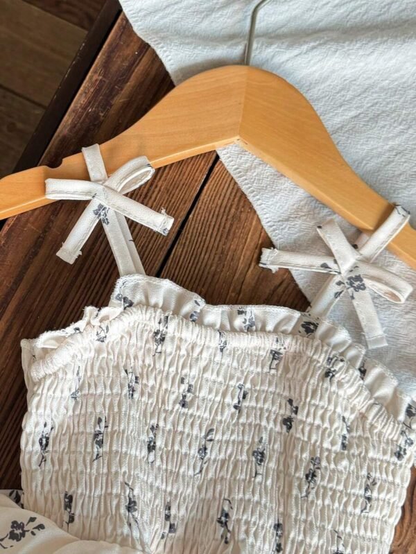 Pelele elegante y casual con diseño de volantes, lazo y estampado para niña bebé - Imagen 3