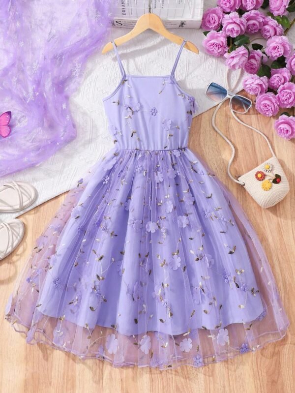 Vestido de tela de malla con estampado floral elegante para niña - Imagen 3