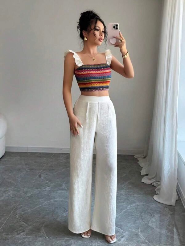Set de 2 blusas de manga corta de tela trenzada de colores alegres para mujer