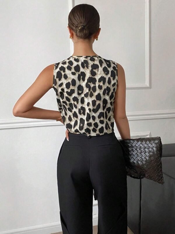Blusa casual sin mangas con nudo delantero y estampado de leopardo para mujer - Imagen 2