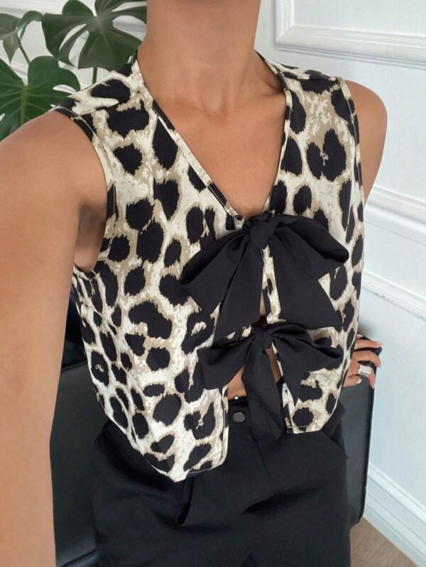 Blusa casual sin mangas con nudo delantero y estampado de leopardo para mujer - Imagen 3