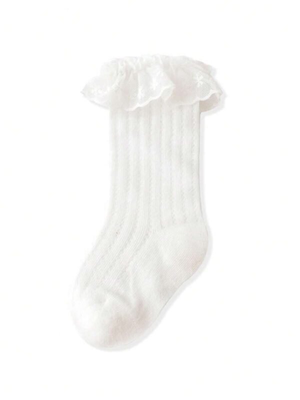 1 par de calcetines largos de malla fina con borde de encaje para niñas - Imagen 2