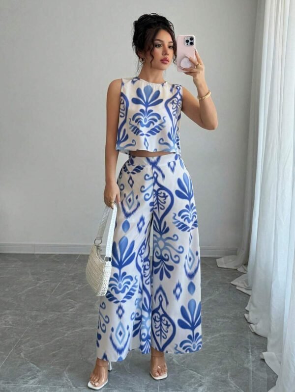 Set de 2 piezas con parte superior estampada de flores + pantalones ancho