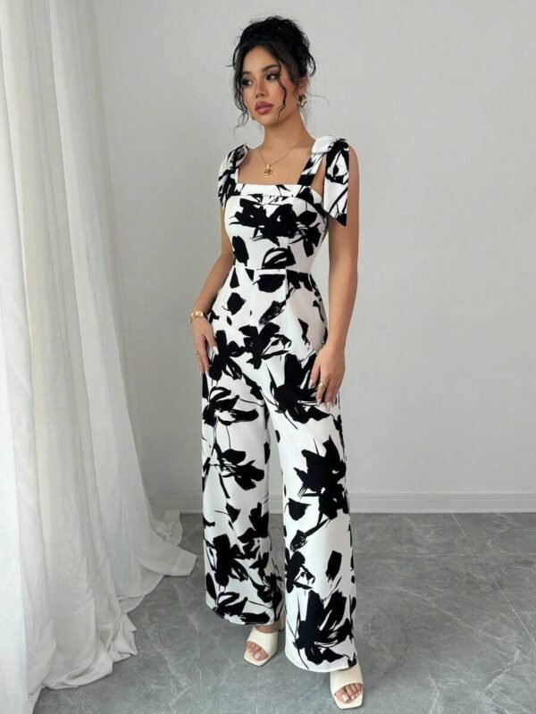 Mono con estampado floral negro y blanco de moda para mujer - Imagen 3