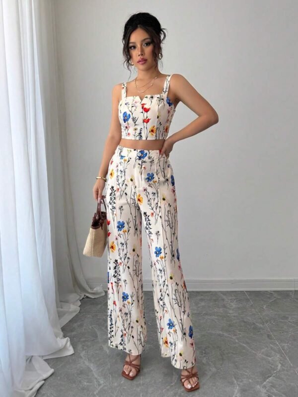 Conjunto de camisa cuello en V con estampado y pantalones rectos - Imagen 2