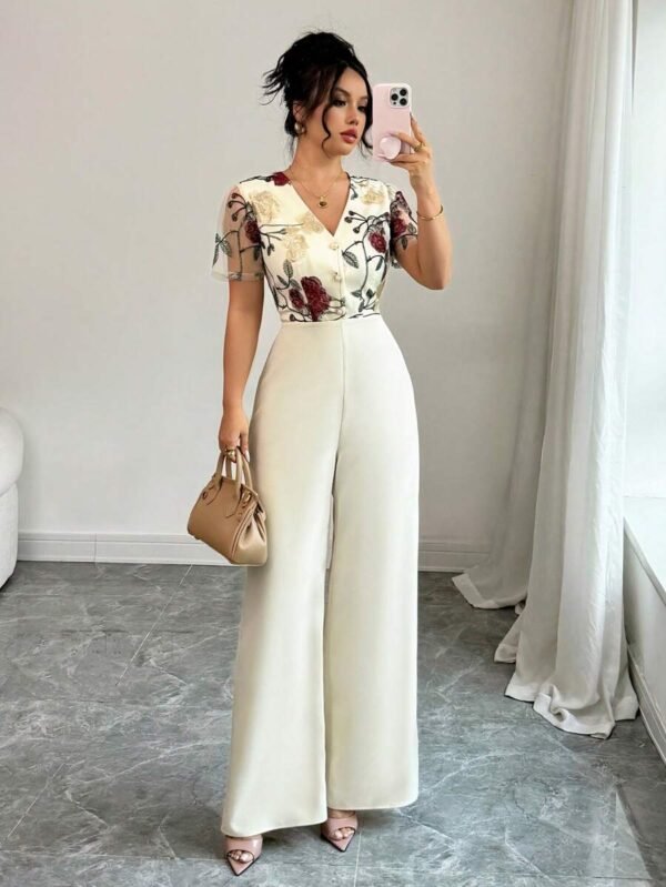 Mono elegante de mujer con cintura recogida, botones y bordado de malla - Imagen 2