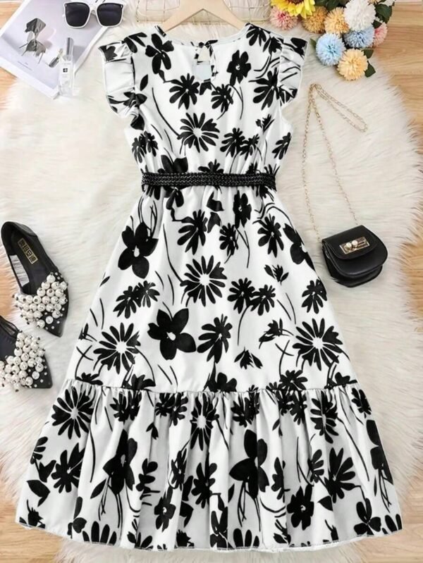 Vestido midi con estampado floral verde elegante para adolescentes - Imagen 3