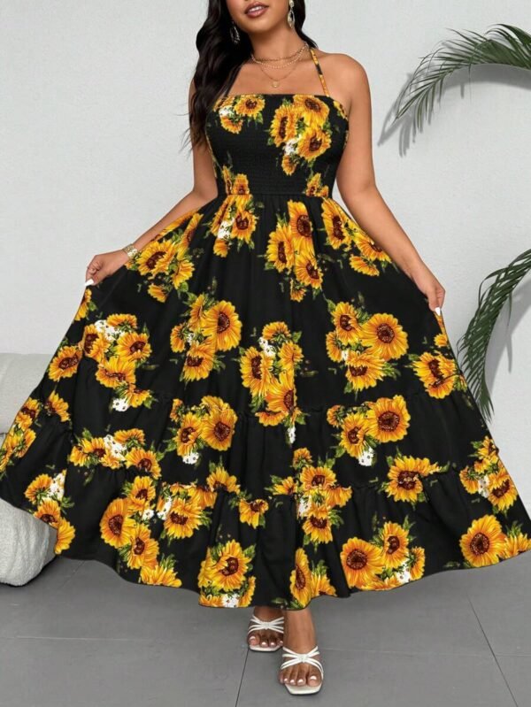 Vestido largo de tirantes con estampado de girasol para talla grande