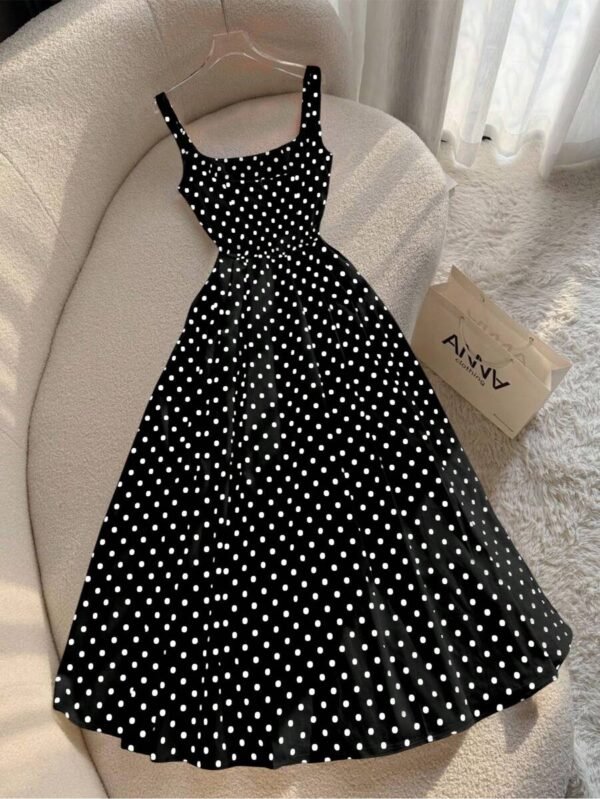 Vestido largo de tirantes de mujer con estampado de lunares al estilo francés - Imagen 3