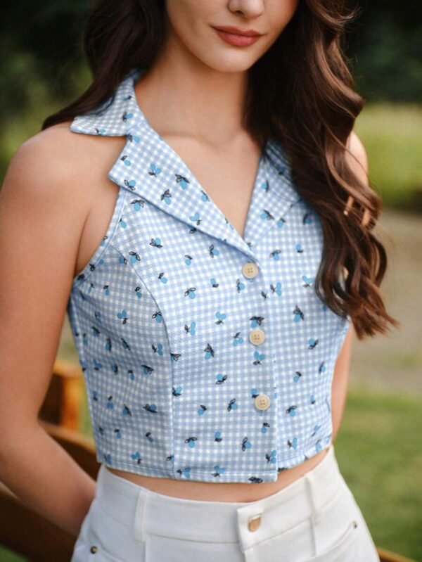 Top de verano elegante de mujer con estampado de cuadros