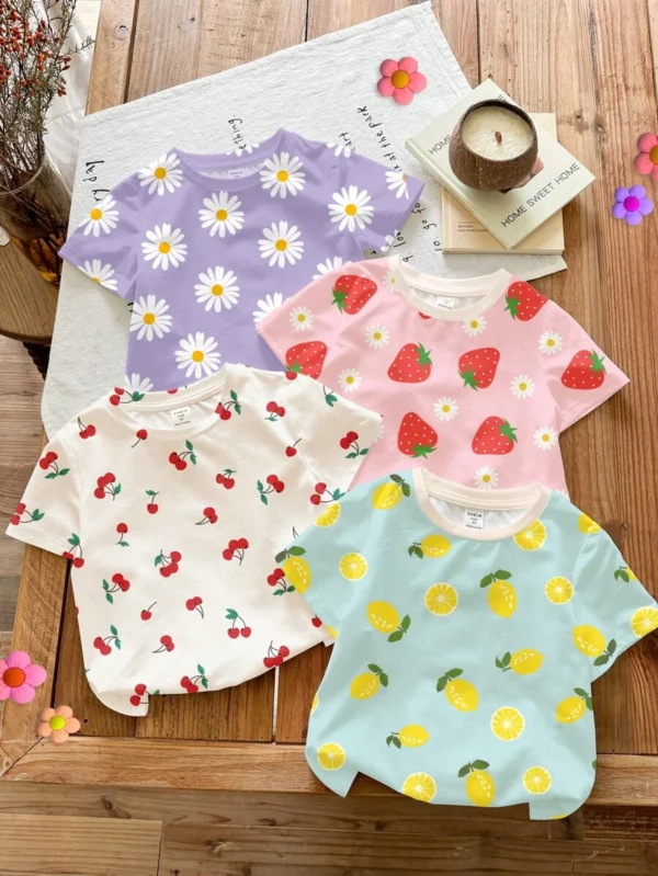 Camisetas de manga corta y cuello redondo con gráficos para niñas