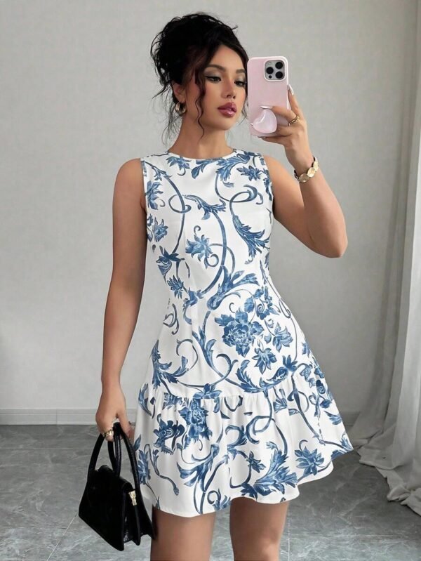 Vestido con cintura con estampado floral, cuello redondo y sin mangas para mujer