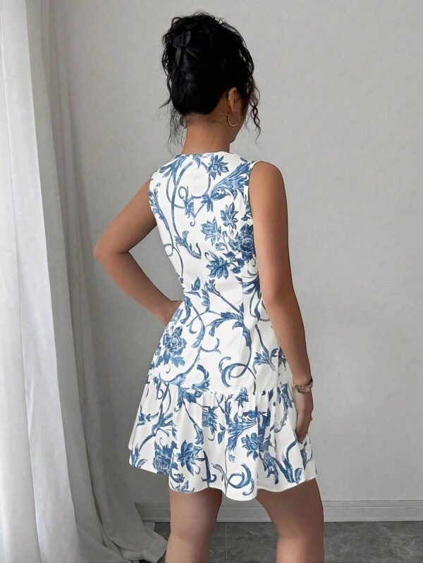 Vestido con cintura con estampado floral, cuello redondo y sin mangas para mujer - Imagen 3