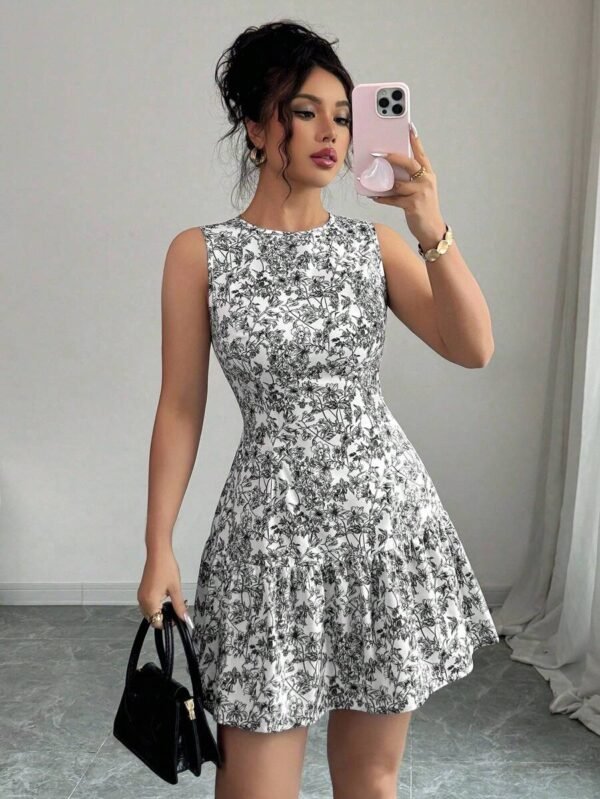 Vestido elegante con estampado floral francés sin mangas y cintura fruncida