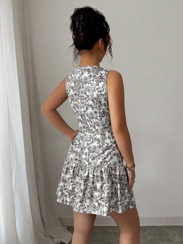 Vestido elegante con estampado floral francés sin mangas y cintura fruncida - Imagen 3