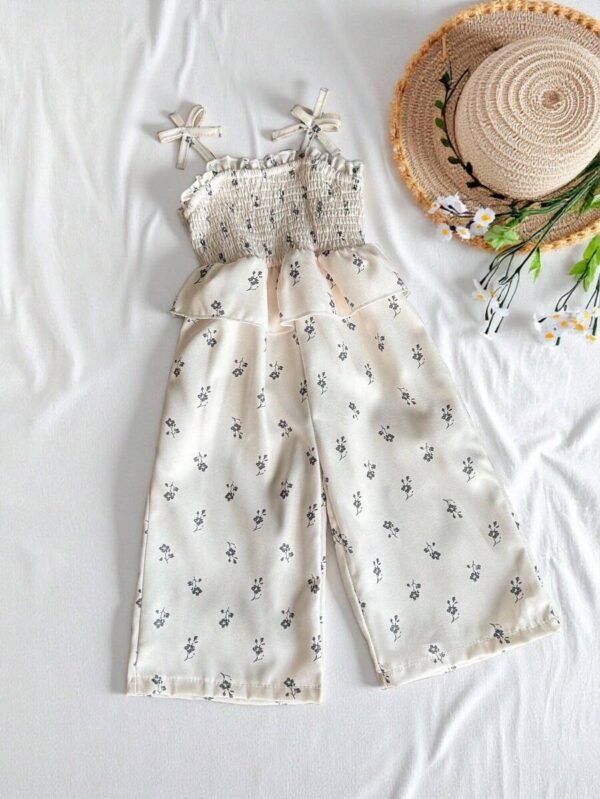 Pelele elegante y casual con diseño de volantes, lazo y estampado para niña bebé