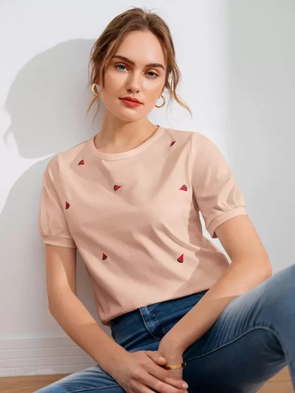 Camiseta de manga farol con bordado de sandía