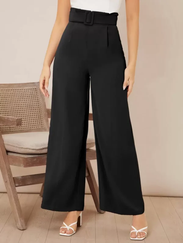 Pantalones de pierna ancha unicolor de talle alto con cinturón - Imagen 2