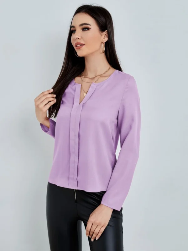 Blusa unicolor de cuello de muesca - Imagen 2